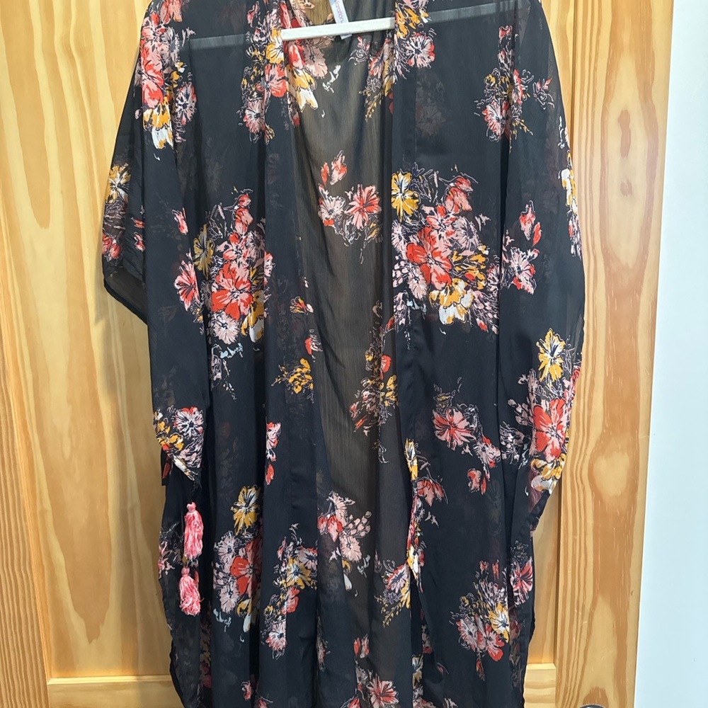 Xhilaration Sheer Floral Kimono Duster – Black – Tassel Tie – M/L